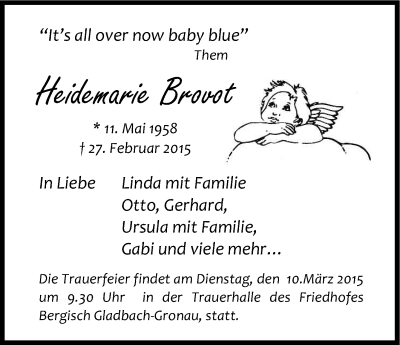  Traueranzeige für Heidemarie Brovot vom 07.03.2015 aus Kölner Stadt-Anzeiger / Kölnische Rundschau / Express