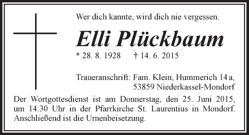  Traueranzeige für Elli Plückbaum vom 24.06.2015 aus  Extra Blatt 