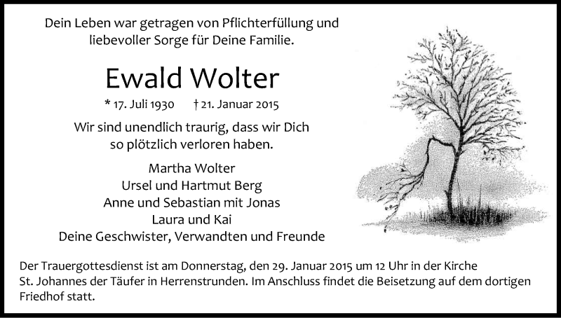  Traueranzeige für Ewald Wolter vom 24.01.2015 aus Kölner Stadt-Anzeiger / Kölnische Rundschau / Express