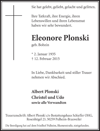 Anzeige von Eleonore Plonski von  Sonntags-Post 