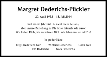 Anzeige von Margret Dederichs-Pückler von Kölner Stadt-Anzeiger / Kölnische Rundschau / Express