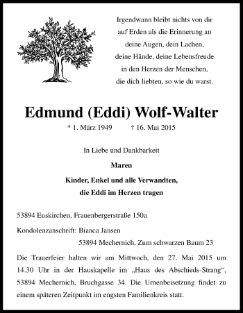 Anzeige von Edmund Wolf-Walter von Kölner Stadt-Anzeiger / Kölnische Rundschau / Express