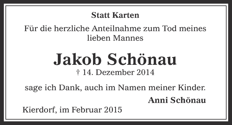  Traueranzeige für Jakob Schönau vom 04.02.2015 aus  Werbepost 