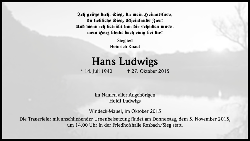  Traueranzeige für Hans Ludwigs vom 31.10.2015 aus Kölner Stadt-Anzeiger / Kölnische Rundschau / Express