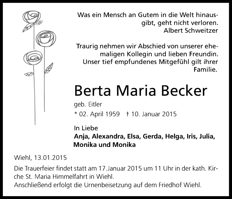  Traueranzeige für Berta Maria Becker vom 14.01.2015 aus Kölner Stadt-Anzeiger / Kölnische Rundschau / Express