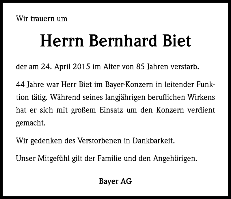  Traueranzeige für Bernhard Biet vom 02.05.2015 aus Kölner Stadt-Anzeiger / Kölnische Rundschau / Express