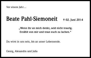 Anzeige von Beate Pahl-Siemoneit von Kölner Stadt-Anzeiger / Kölnische Rundschau / Express