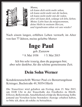 Anzeige von Inge Paul von  Wochenende 