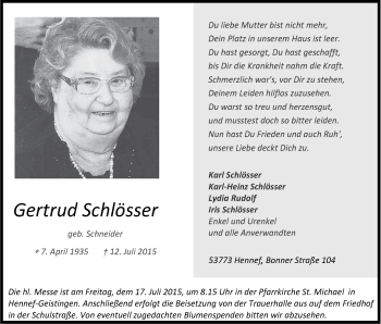 Anzeige von Gertrud Schlösser von Kölner Stadt-Anzeiger / Kölnische Rundschau / Express