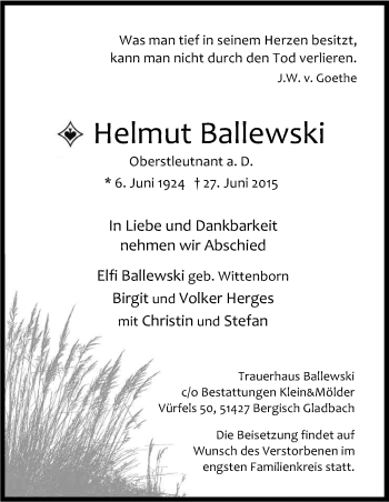 Anzeige von Helmut Ballewski von Kölner Stadt-Anzeiger / Kölnische Rundschau / Express