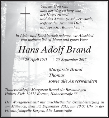 Anzeige von Hans Adolf Brand von  Sonntags-Post 