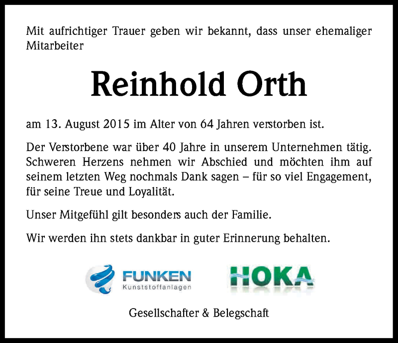  Traueranzeige für Reinhold Orth vom 22.08.2015 aus Kölner Stadt-Anzeiger / Kölnische Rundschau / Express