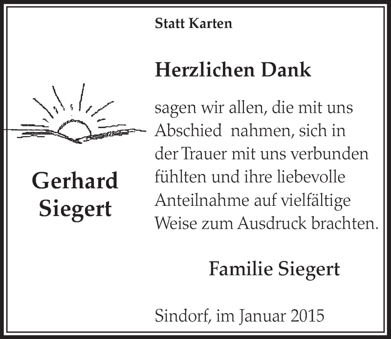  Traueranzeige für Gerhard Siegert vom 24.01.2015 aus  Sonntags-Post 