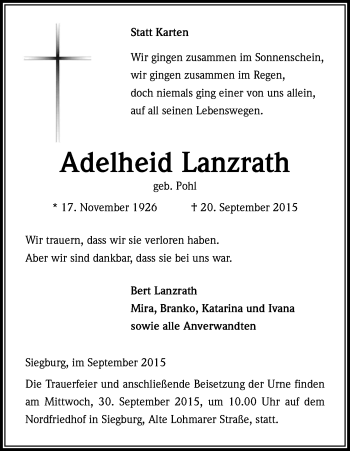Anzeige von Adelheid Lanzrath von Kölner Stadt-Anzeiger / Kölnische Rundschau / Express