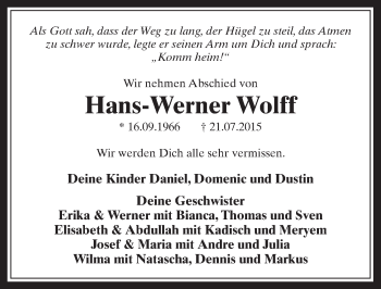 Anzeige von Hans-Werner Wolff von  Sonntags-Post 