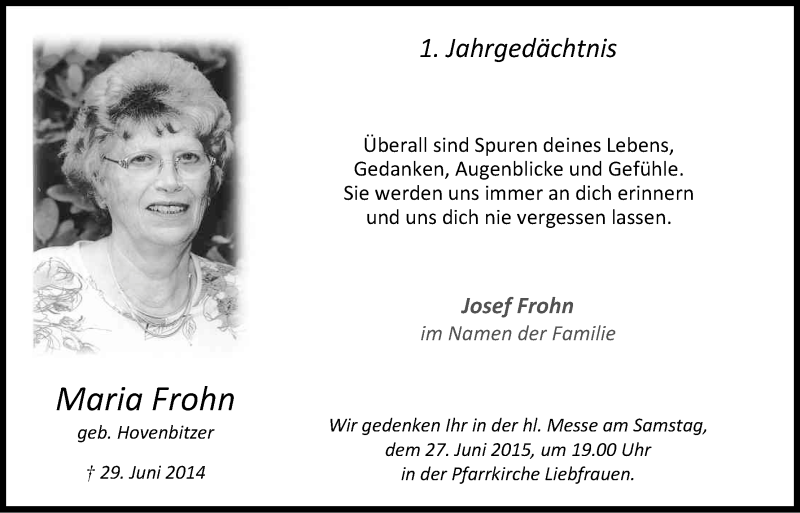  Traueranzeige für Maria Frohn vom 20.06.2015 aus Kölner Stadt-Anzeiger / Kölnische Rundschau / Express