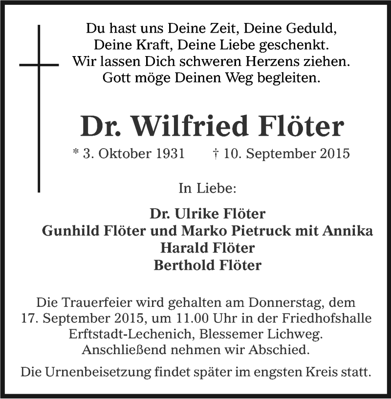  Traueranzeige für Wilfried Flöter vom 14.09.2015 aus Kölner Stadt-Anzeiger / Kölnische Rundschau / Express