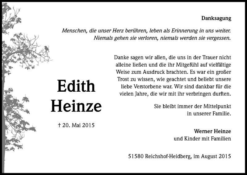  Traueranzeige für Edith Heinze vom 22.08.2015 aus Kölner Stadt-Anzeiger / Kölnische Rundschau / Express
