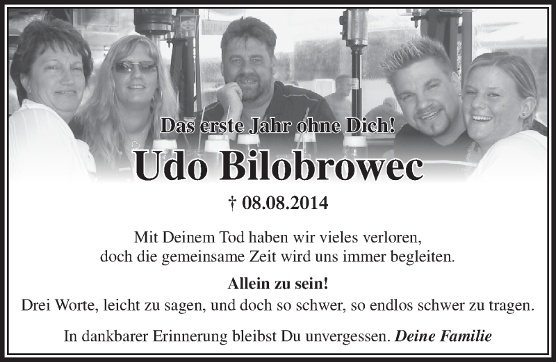  Traueranzeige für Udo Bilobrowec vom 12.08.2015 aus  Lokalanzeiger 