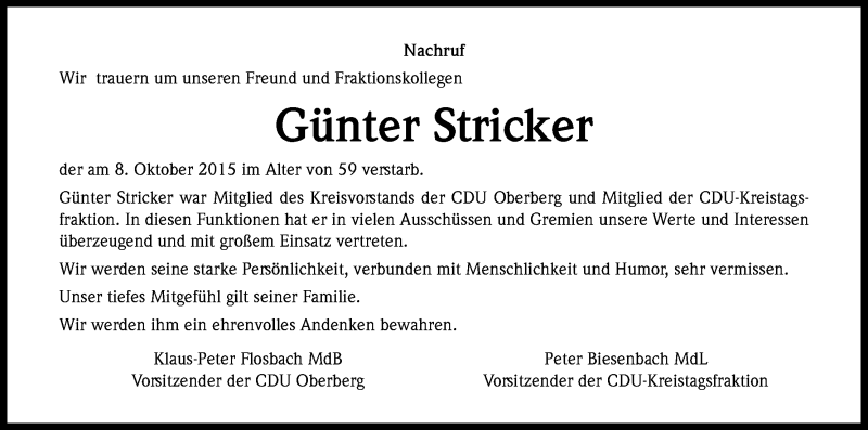  Traueranzeige für Günter Stricker vom 16.10.2015 aus Kölner Stadt-Anzeiger / Kölnische Rundschau / Express