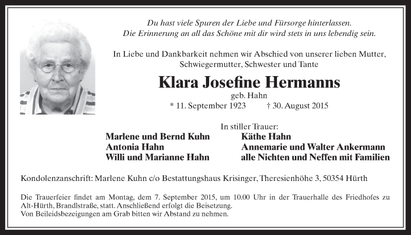  Traueranzeige für Klara Josefine Hermanns vom 02.09.2015 aus  Wochenende 