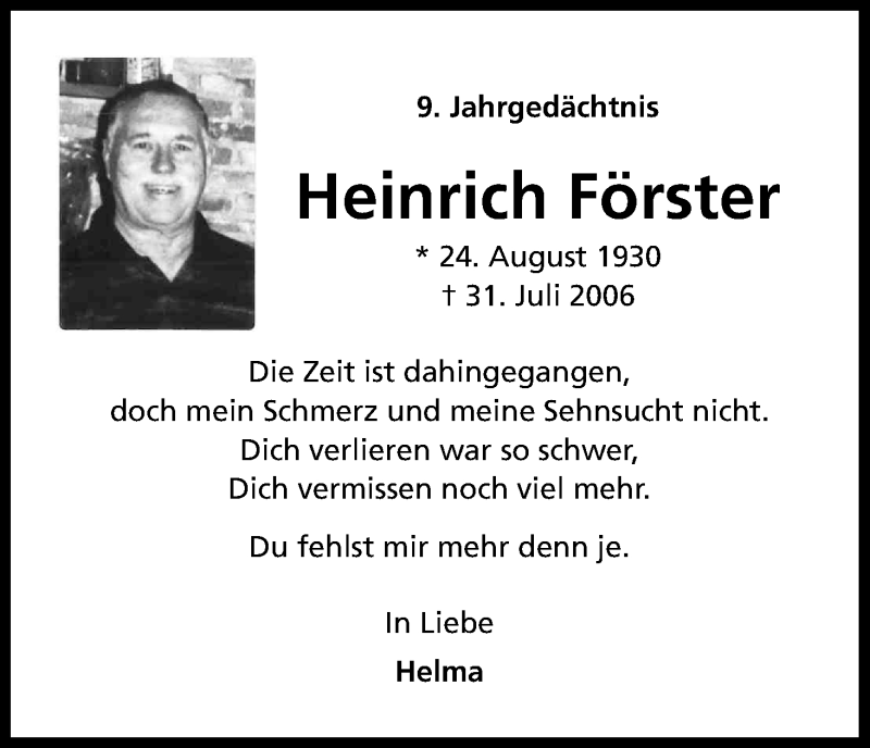  Traueranzeige für Heinrich Förster vom 31.07.2015 aus Kölner Stadt-Anzeiger / Kölnische Rundschau / Express