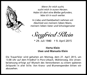 Anzeige von Siegfried Klein von Kölner Stadt-Anzeiger / Kölnische Rundschau / Express