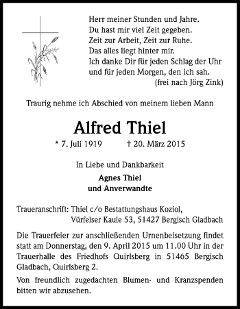 Anzeige von Alfred Thiel von Kölner Stadt-Anzeiger / Kölnische Rundschau / Express
