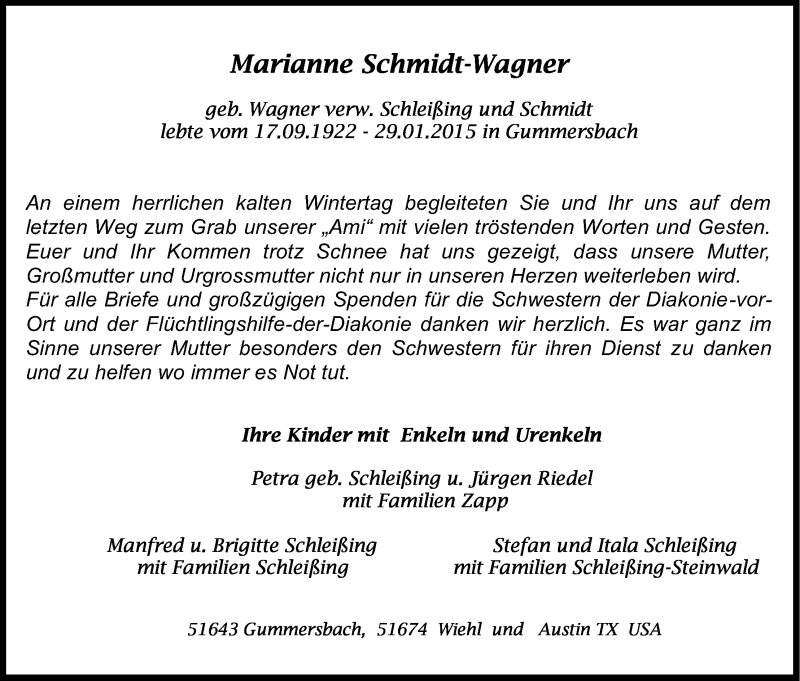  Traueranzeige für Marianne Schmidt-Wagner vom 28.02.2015 aus Kölner Stadt-Anzeiger / Kölnische Rundschau / Express