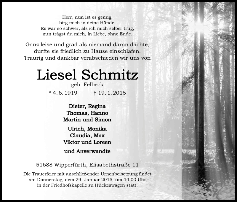  Traueranzeige für Liesel Schmitz vom 24.01.2015 aus Kölner Stadt-Anzeiger / Kölnische Rundschau / Express