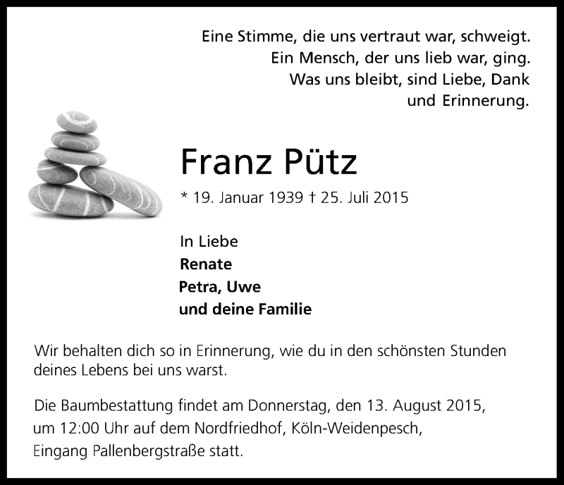  Traueranzeige für Franz Pütz vom 08.08.2015 aus Kölner Stadt-Anzeiger / Kölnische Rundschau / Express