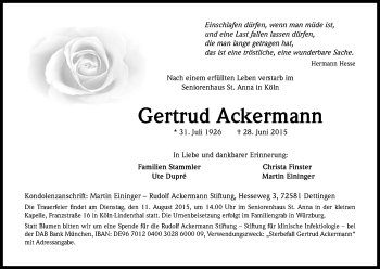 Anzeige von Gertrud Ackermann von Kölner Stadt-Anzeiger / Kölnische Rundschau / Express