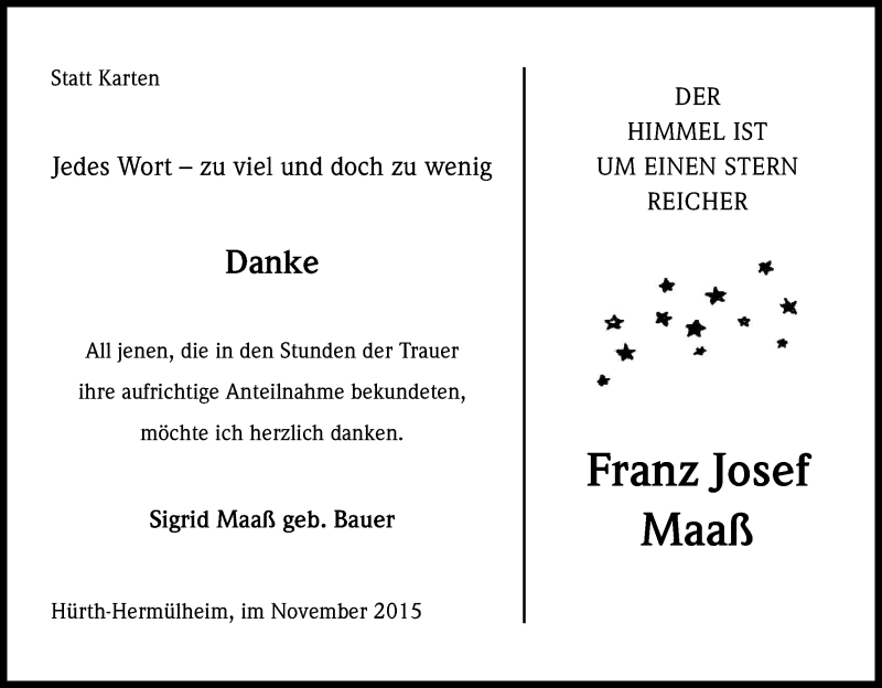  Traueranzeige für Franz Josef Maaß vom 11.11.2015 aus Kölner Stadt-Anzeiger / Kölnische Rundschau / Express