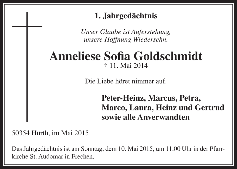  Traueranzeige für Anneliese Sofia Goldschmidt vom 02.05.2015 aus  Sonntags-Post 