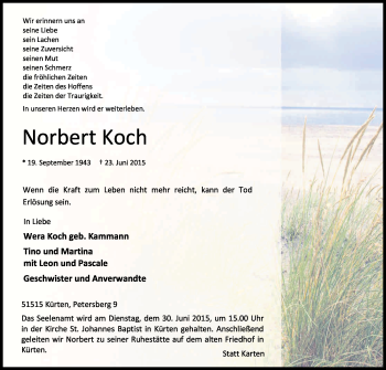 Anzeige von Norbert Koch von Kölner Stadt-Anzeiger / Kölnische Rundschau / Express