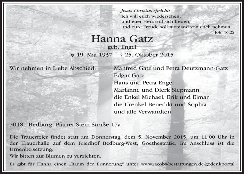  Traueranzeige für Hanna Gatz vom 04.11.2015 aus  Werbepost 