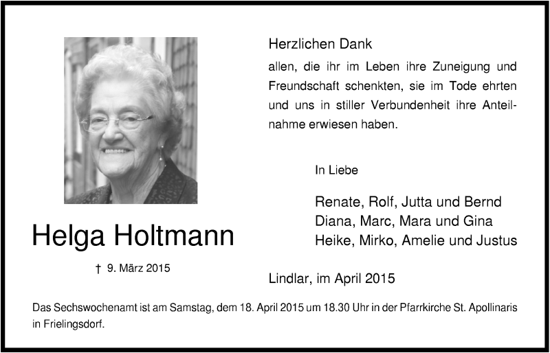  Traueranzeige für Helga Holtmann vom 15.04.2015 aus  Anzeigen Echo 