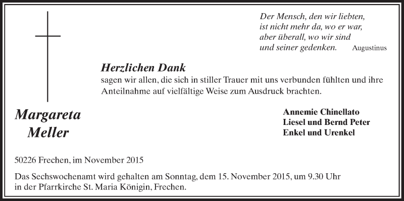  Traueranzeige für Margareta Meller vom 07.11.2015 aus  Sonntags-Post 