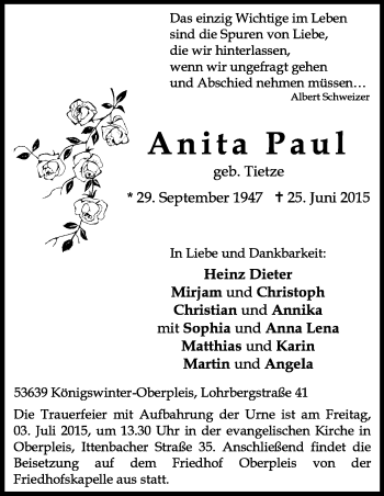 Anzeige von Anita Paul von Kölner Stadt-Anzeiger / Kölnische Rundschau / Express