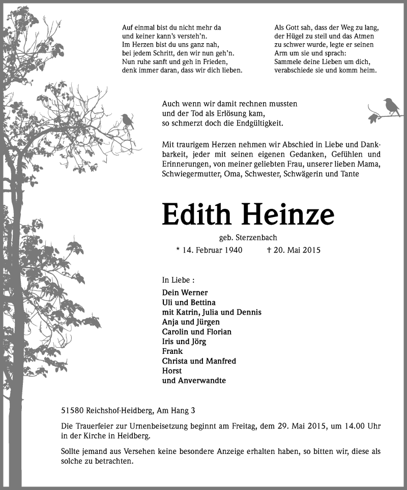  Traueranzeige für Edith Heinze vom 23.05.2015 aus Kölner Stadt-Anzeiger / Kölnische Rundschau / Express