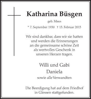 Anzeige von Katharina Büsgen von  Sonntags-Post 