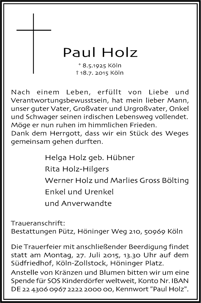  Traueranzeige für Paul Holz vom 25.07.2015 aus Kölner Stadt-Anzeiger / Kölnische Rundschau / Express