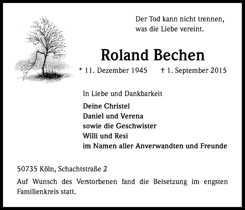  Traueranzeige für Roland Bechen vom 12.09.2015 aus Kölner Stadt-Anzeiger / Kölnische Rundschau / Express
