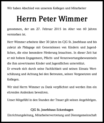 Anzeige von Peter Wimmer von Kölner Stadt-Anzeiger / Kölnische Rundschau / Express