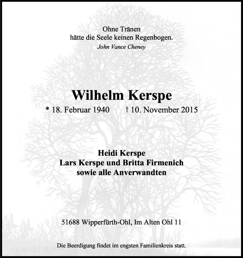  Traueranzeige für Wilhelm Kerspe vom 14.11.2015 aus Köln - Wir Trauern