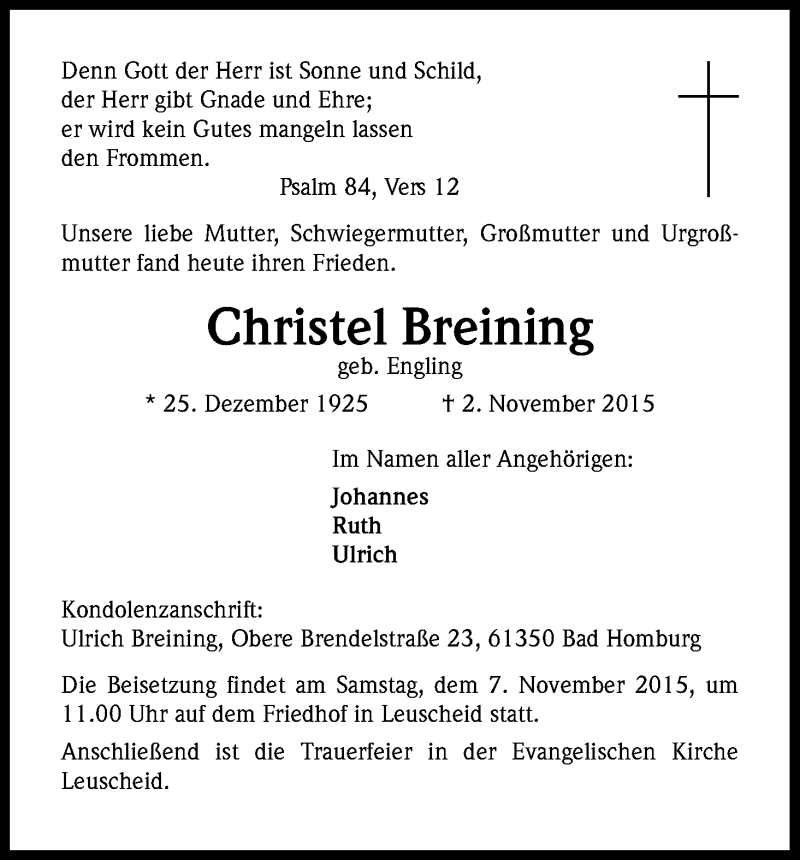  Traueranzeige für Christel Breining vom 05.11.2015 aus Kölner Stadt-Anzeiger / Kölnische Rundschau / Express