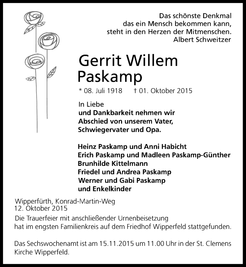  Traueranzeige für Gerrit Willem Paskamp vom 17.10.2015 aus Kölner Stadt-Anzeiger / Kölnische Rundschau / Express