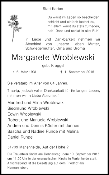 Anzeige von Margarete Wroblewski von Kölner Stadt-Anzeiger / Kölnische Rundschau / Express