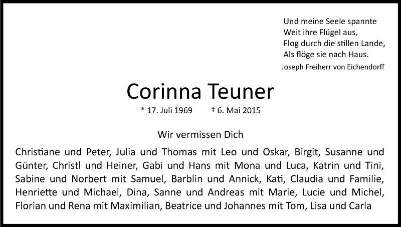  Traueranzeige für Corinna Teuner vom 09.05.2015 aus Kölner Stadt-Anzeiger / Kölnische Rundschau / Express