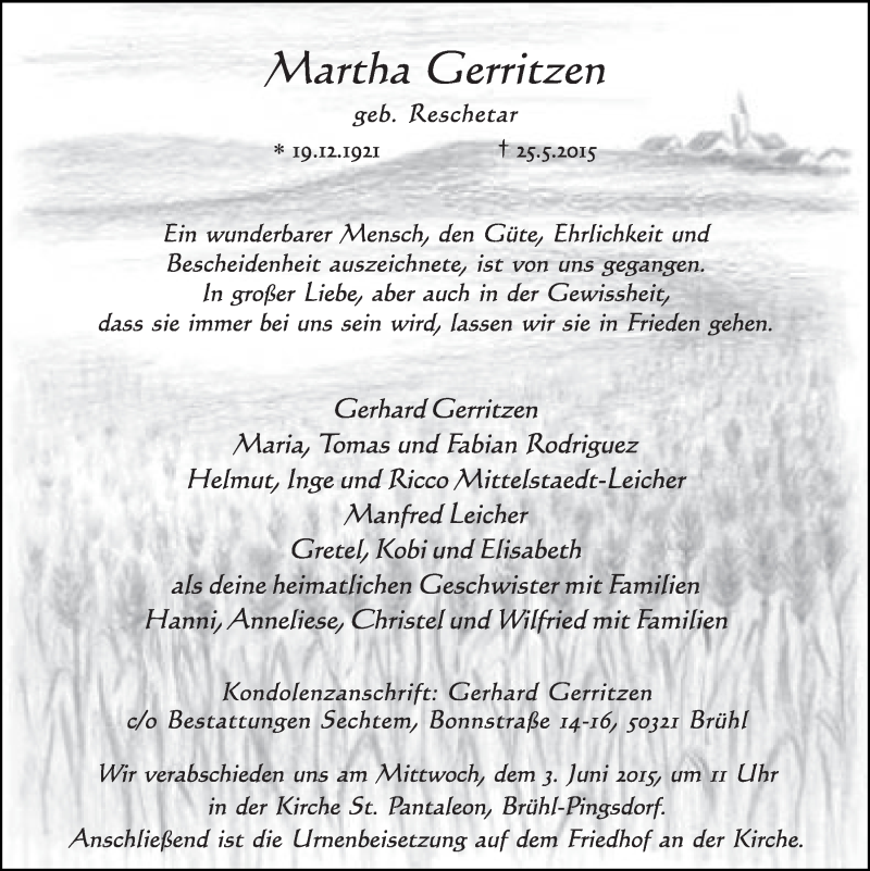  Traueranzeige für Martha Gerritzen vom 03.06.2015 aus  Schlossbote/Werbekurier 